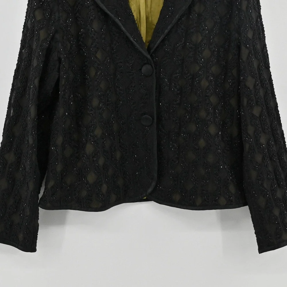 Chicos Beaded‎ Diamond Lattice Blazer Womens Size 2 L Black Cotton Formal Jacket